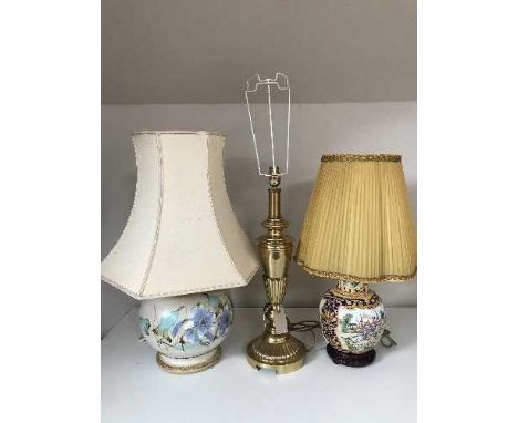 An Italian pottery table lamp and shade, oriental table lamp and brass table lamp 