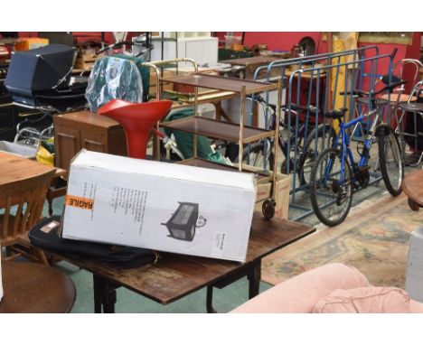A group comprising a travel cot, a three tier trolley, a retro chrome framed stool (Peter Hoyte style) (3)