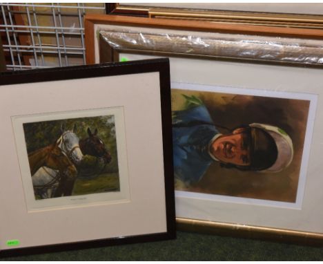 A group of framed prints including two prints of Durham, a portrait of AP Mccoy, a print after George Wright of Polo Ponies e
