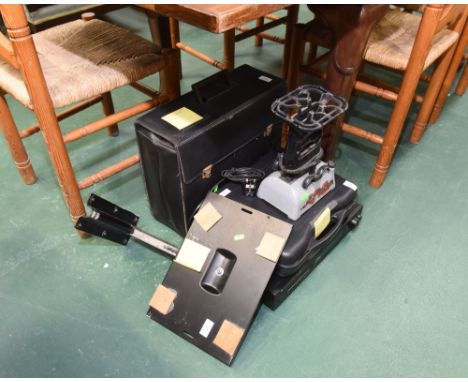 A group inc. an overhead projector, camping stove, television bracket etc