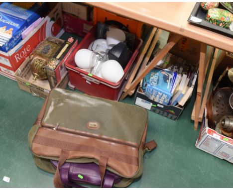 Three boxes inc. light shades, books, vintage suitcases etc