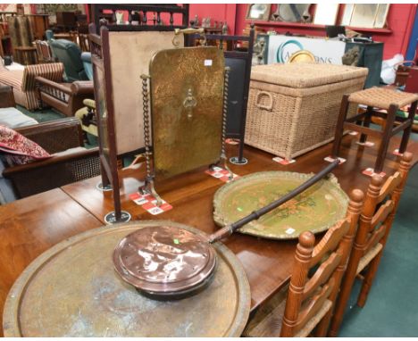 A painted tray; tog. with a bed warmer, Middle Eastern brass tray, Edwardian brass firescreen and a three fold firescreen
