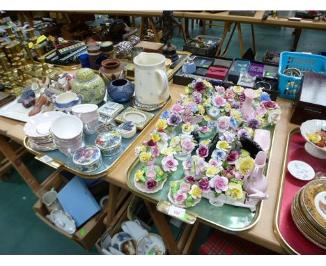 Two trays inc. a quantity of floral encrusted wares, a partial Colclough tea service, Old Willow jug, KLM coasters etc
