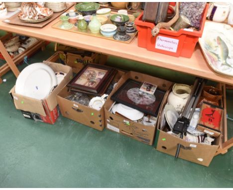 Four boxes inc. Victorian wash jug, camera tripod, framed articles, ceramics, glass etc
