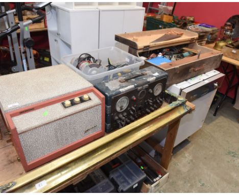 Two boxes of tools, a fender; tog. with a record player and a car battery tester
