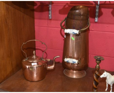 A large brass & copper coal scuttle with two ceramic handles together with a large copper kettle (2)