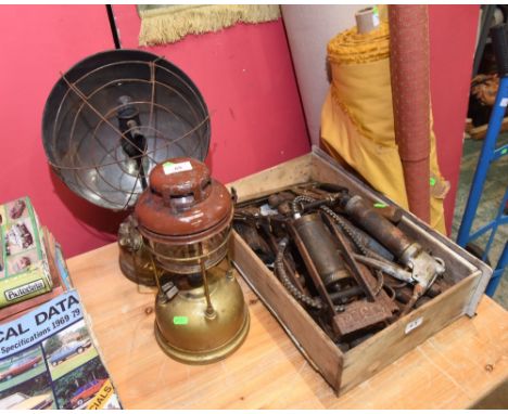 A box of tools, tog. with a tilly lamp and an oil lamp