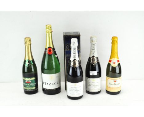Five bottles of sparkling wine, including Pol Roger champagne, in original box, and Blanc de Blancs French sparkling wine
