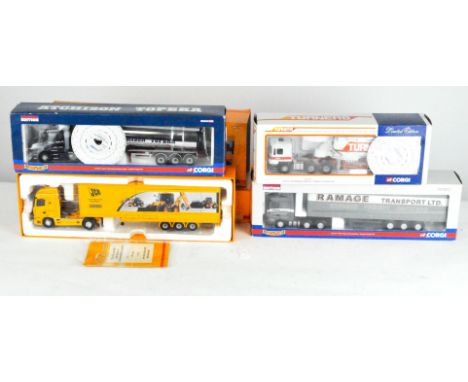 Four Corgi 1:50 scale model vehicles, comprising a DAF XF Space Cab Exhibition Unit, CC13237, a Ramage Transport Ltd. DAF XF 