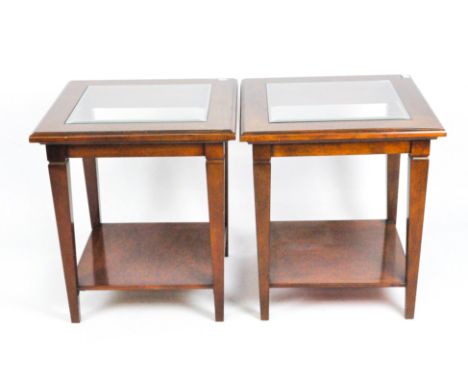 Two modern glass top square side tables with lower shelf, 62cm x 55cm x 55cm