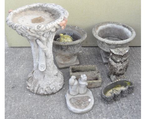 A selection of various garden plant pots and ornaments including: a concrete bird bath, two jardiniere plant pots, assorted r