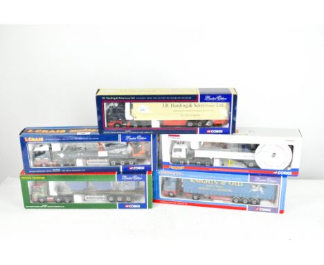 Five Corgi 1:50 scale model vehicles, comprising a Matlock transport MAN flatbed trailer and skip load CC12013, a RDL distrib