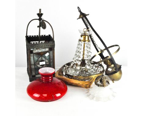 A stained glass metal mounted ceiling lantern, approximately 50cm high; together with a chandelier, ceiling oil lamp, another