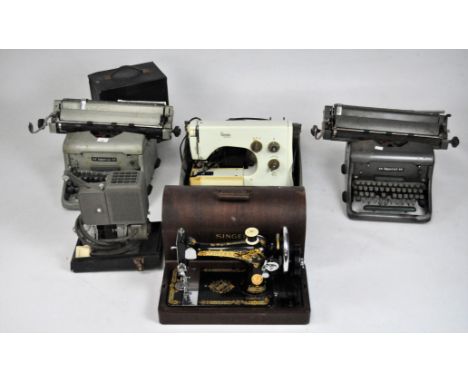 Two vintage 66 Imperial typewriters, 51cm wide, together with a vintage Singer sewing machine, in case and a projector