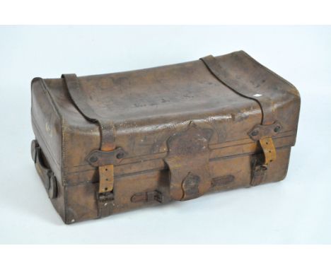 An early 20th century leather bound trunk, embossed to one end "Insall Maker Bristol" 70cm wide x 41cm deep
