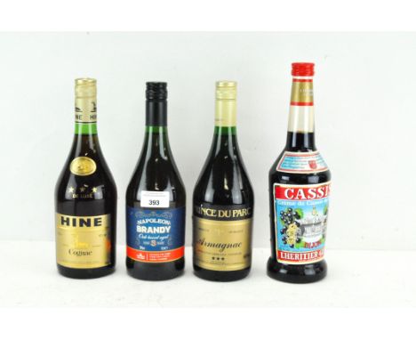 A group of four bottles of vintage alcohol, comprising; Hine Three star de luxe Cognac, Prince du Parc Armangac, Napoleon thr