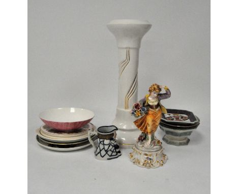 A group of ceramic items including a white glazed and gilt jardiniere, height 64cm, an Italian figure of a lady, together wit