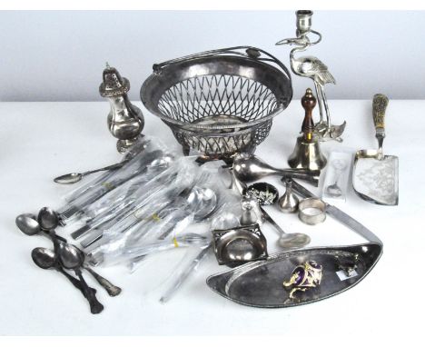 A collection of Victorian and later silver plate, including a handled bowl, flatware, candlestick modelled as a stork, pair o