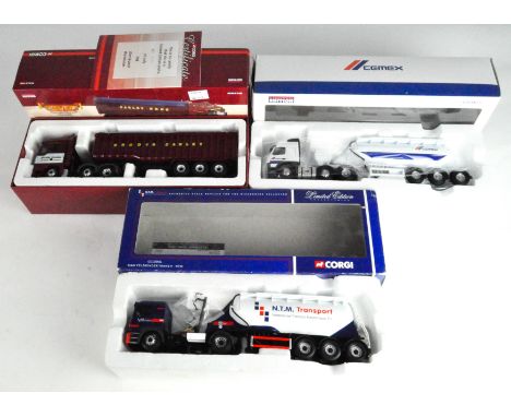 Three Corgi 1:50 scale model vehicles, including a Cawley Ross MAN TGA tipper CC13432, a Cemex Volvo FM feld binder tanker CC