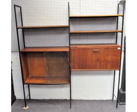 An Avalon mid-century display unit with black frame, one shelf behind the fall, a further three shelves, and one cupboard wit