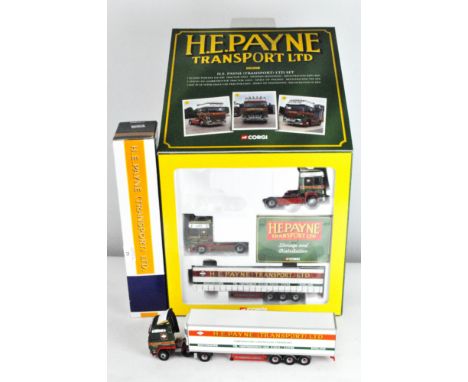 Two H.E Payne Transport Ltd 1:50 scale model vehicles, comprising Transport Ltd set CC99147 and a Scania refrigerated box tra