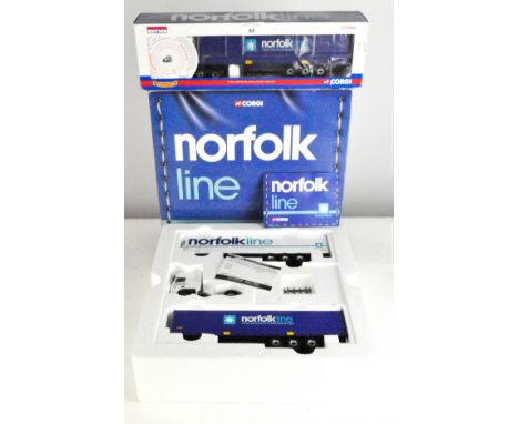 Two Corgi 1:50 scale Norfolk Line model vehicles, comprising a DAF XF superspace cab curtain side trailer, fridge trailer and