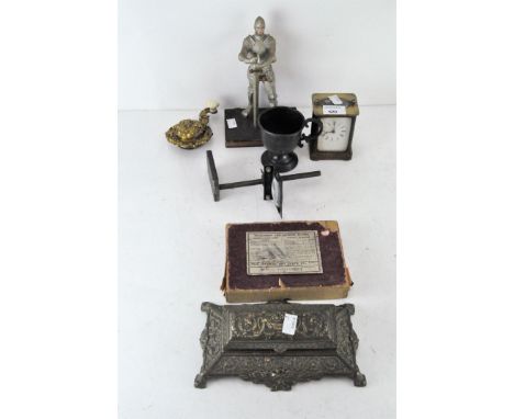 Assorted collectable's, including a brass carriage clock, brass compartmentalised stamp dispenser, collection of glass negati