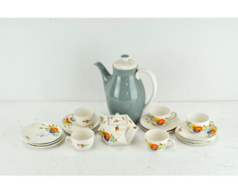 A Corona tea set, comprising cups, saucers, plates and a teapot, all with hand painted floral decoration; together with a Roy