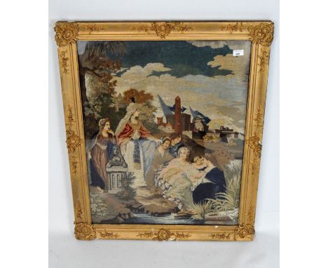 A late 19th century wool work tapestry, depicting the discovery of Moses amongst the reeds, 81cm x 64cm, framed and glazed