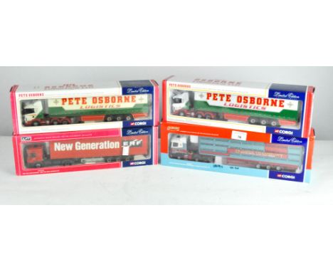 Four Corgi 1:50 scale model vehicles, comprising a Pete Osbourne Logistics Ltd Scania curtain side CC12207, a ERF new generat