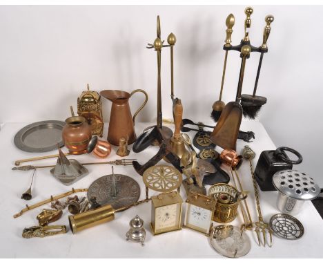 A large quantity of assorted 19th &amp; 20th century metalware, including a school bell, copper jug, pewter circular plate, f