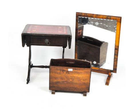 A Victorian mahogany drop leaf side table, with red leather insets, 52cm x 72cm x 37cm, together with a turned wood standing 