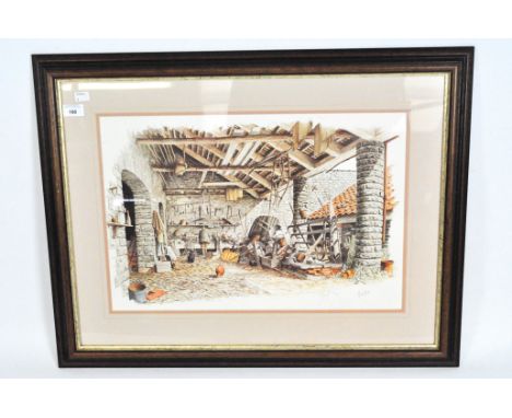 A limited edition Michael Cooper print titled 'Charlie's Workshop', depicting a gentleman in a farm workshop surrounded by to