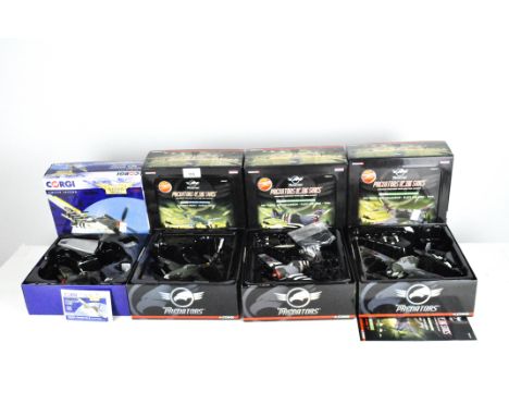 Four Corgi model planes, each 1:72 scale, comprising; Junkers Ju87G-1 Stuka, PR99407, Grumman Hellcat MKI E-W, PR99414, Grumm