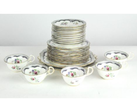 An Aynsley part tea service, comprising five cups, eleven saucers, eleven side plates and two serving plates, all with printe
