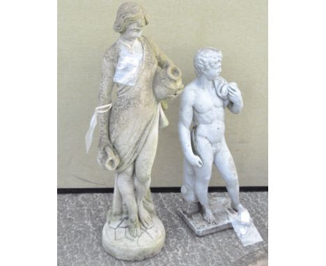 Two gardens statues, the first  modelled as 'David' in pale blue glazed composite, together with a water carrier 92 cm high (