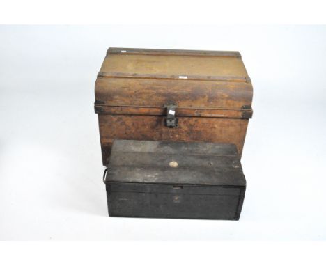 A large vintage metal trunk, 52cm x 74cm x 52cm, together with a wooden box with remains of blue paint, 24cm x 61cm x 30cm