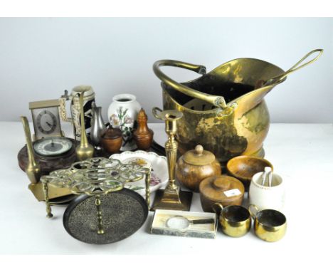 A large brass coal bucket, together with a carved wooden barometer, Portmerion vase in the 'Botanical Gardens' pattern, pewte