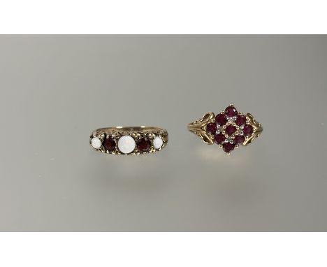 A 9ct gold pink stone and diamond point cluster ring P 3.2g and a three stone opal ring set two garnets P 3.3g (2)