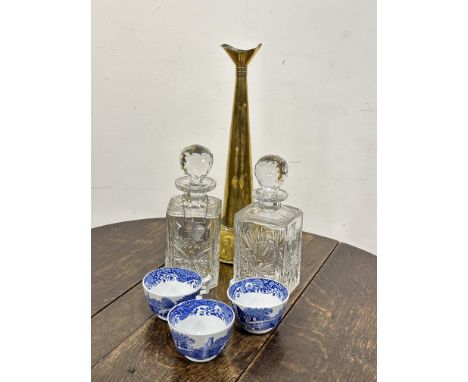 A pair of Edinburgh crystal slice cut whiskey decanters one with silver label a set of three Sbode blue Italian wear tea cups