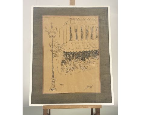 Cochrane, Paris Caf&eacute; sketch, pen on coloured paper, signed and dated 1954, in a glazed frame. (43cmx30cm)