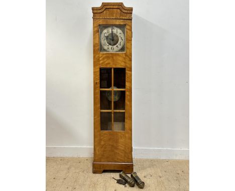 A 1920s/30s Austrian Vienna School style satin veneered long cased clock with silvered brass and pewter dial complete with ma