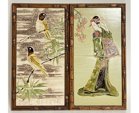 A pair of faux bamboo framed tube lined tile pictures by Maw Co Highgate Tile Works, one depicting two birds in bamboo trees 