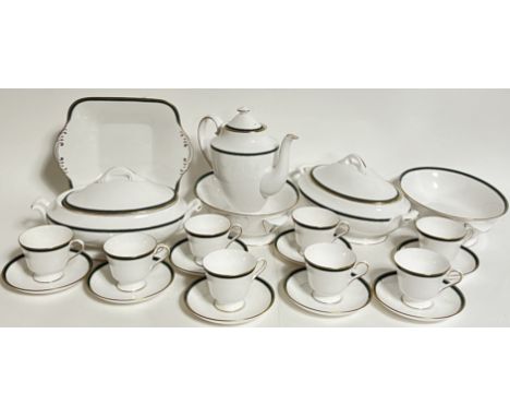 A green and gilt decorated Spode Tuscana part tea and dinner service comprising a teapot (h- 24cm, w- 25cm), two tureens, two