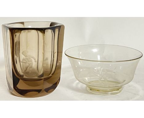 Swedish design, an early Orrefors faceted smoked glass vase with cherub design (marked verso, h- 10.5cm), together with a Sca