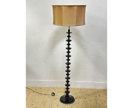 A modern black acrylic floor lamp with silk shade on weighted base (h. x cm d. x 27cm)