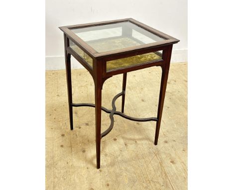 An Edwardian mahogany table vitrine with glazed panel top and sides and velvet lined interior on square tapered supports (h. 