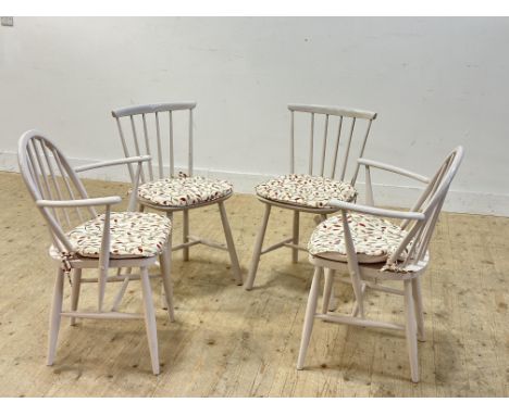Four white painted Ercol style spindle back chairs (h.81cm)