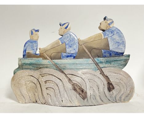 Sarah Noel, a contemporary studio pottery raku fired ceramic sculpture of a rowing team (boat race interest, marked verso, h-