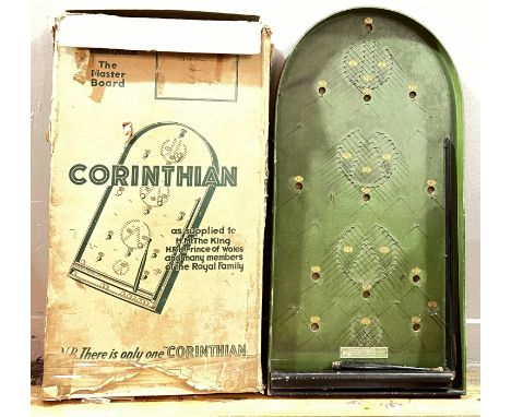 A green painted Corinthian Master Board bagatelle game with original packaging and balls etc...(h- 78cm)